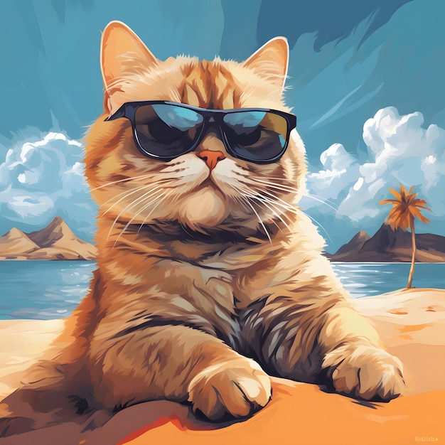 El gato se sienta en la playa con sus gafas de sol