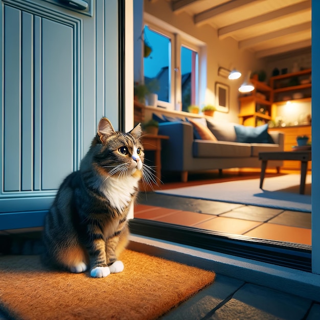 El gato se sienta en la puerta abierta de la casa