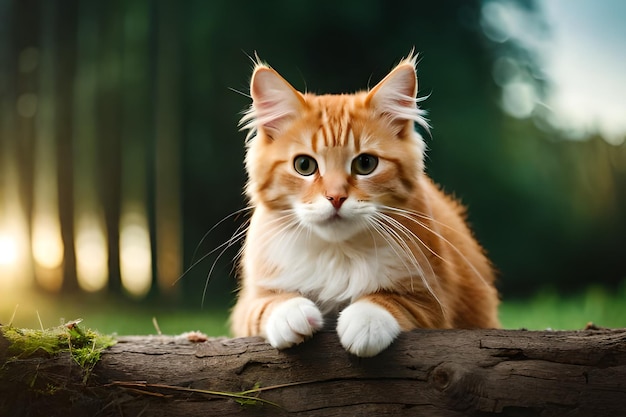 Un gato se sienta en una rama frente a un fondo verde.