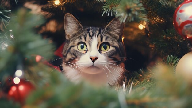 El gato se sienta en las ramas del árbol de Navidad y mira con curiosidad desde las guirnaldas y decoraciones