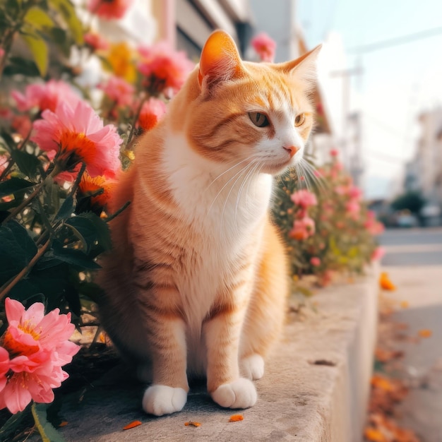 Un gato se sienta en una repisa de flores y mira a la cámara.