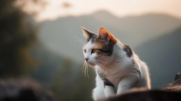 Un gato se sienta en una roca en las montañas.