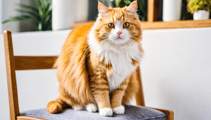 un gato se sienta en una silla con un pelaje blanco y naranja