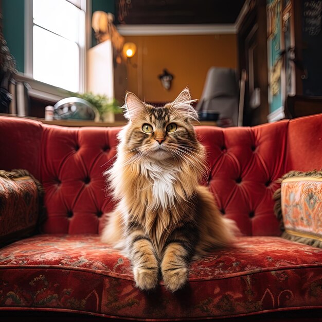 Foto un gato se sienta en un sofá rojo con un diseño rojo y dorado