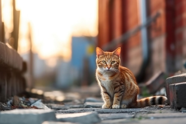 Un gato se sienta en el suelo de la ciudad.