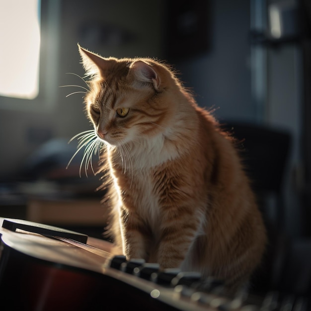 Un gato se sienta en un teclado al sol.