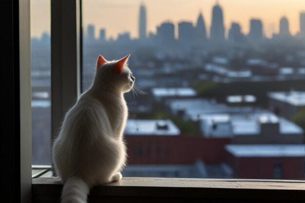 un gato se sienta en el umbral de una ventana mirando por una ventana