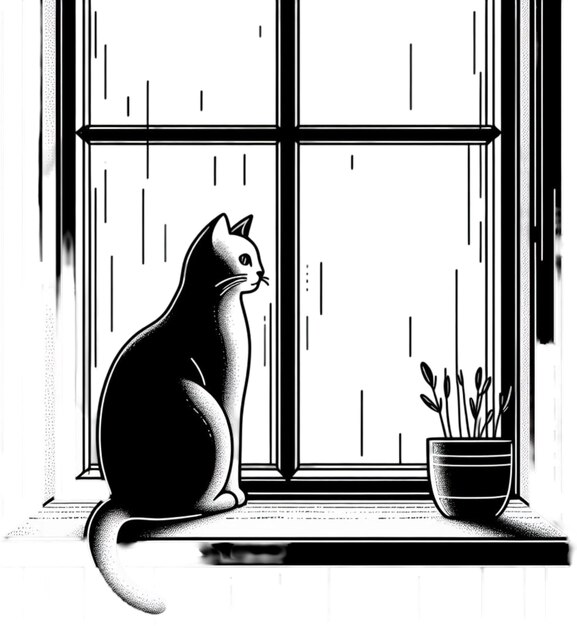 un gato se sienta en el umbral de una ventana con una planta en maceta en la ventana