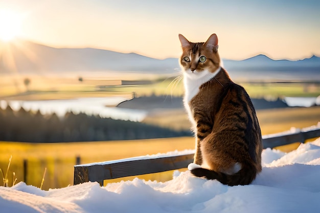 Un gato se sienta en una valla en la nieve.