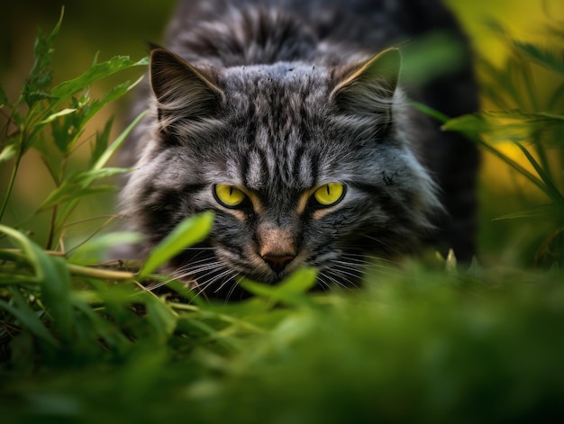 gato sigiloso acechando con los ojos fijos en la presa