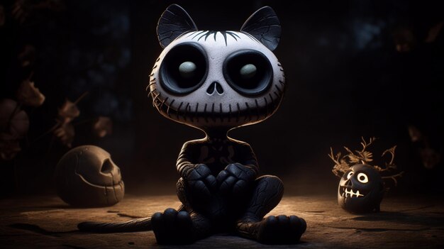 Gato skellington esqueleto sistema óseo halloween animal fondo negro ilustración imagen AI generado arte