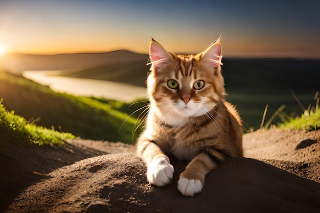 Un gato sobre una roca con un atardecer de fondo