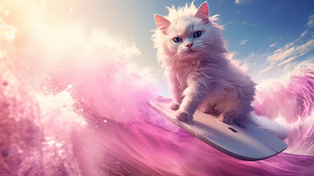 un gato sobre una tabla de surf con un fondo rosa de una ola rosa.