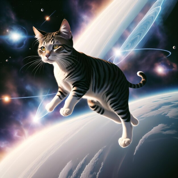 Un gato sobrevolando un planeta con una nebulosa al fondo