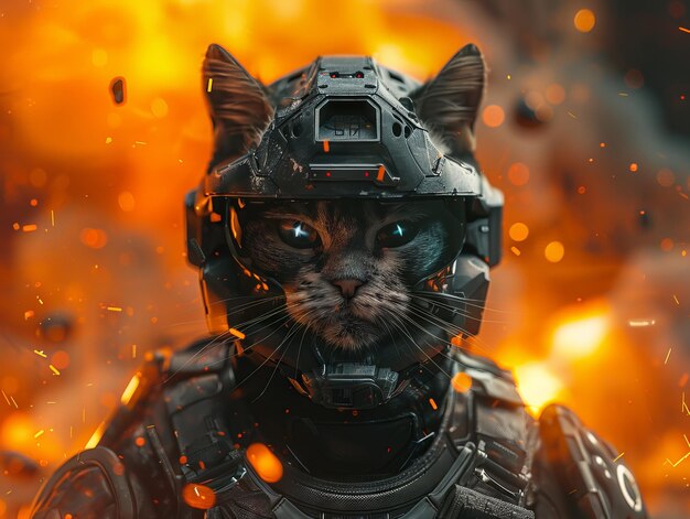 El gato soldado futurista en equipo de batalla