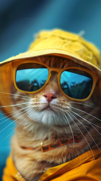 Gato con sombrero amarillo y gafas de sol