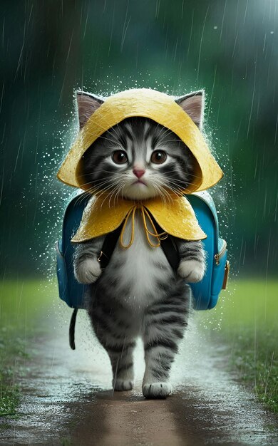 un gato con un sombrero amarillo y una mochila está caminando en la lluvia