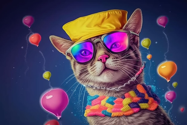 Un gato con un sombrero de arcoíris y gafas de sol con globos al fondo.