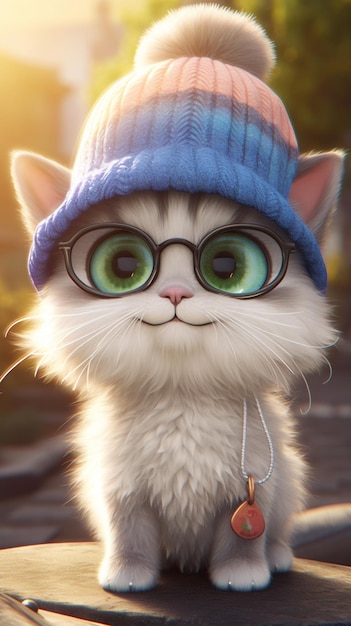 Un gato con sombrero azul y gafas.
