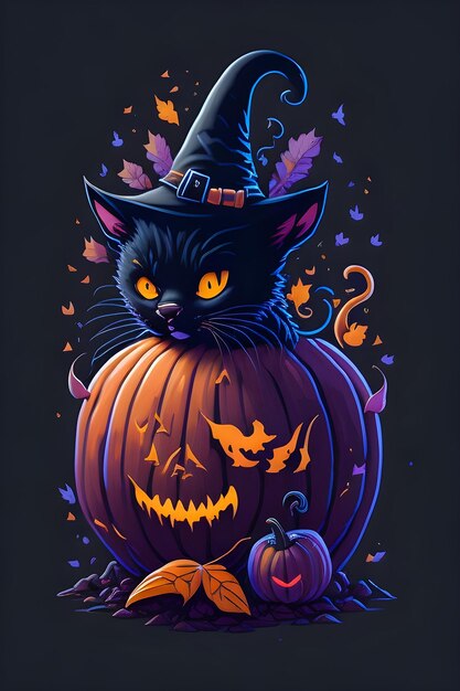 Foto gato con sombrero de bruja diseño de camiseta de halloween de calabaza naranja