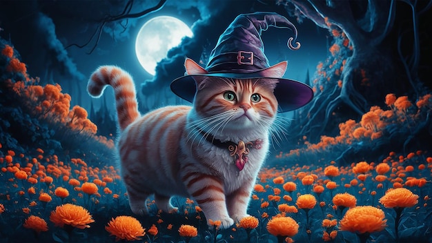 un gato con un sombrero de bruja está de pie frente a una luna llena generada por ai