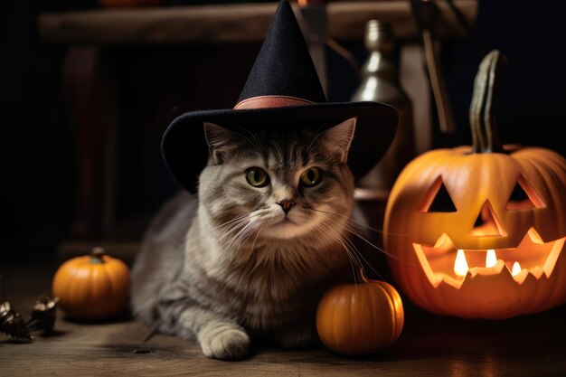 Un gato con sombrero de bruja junto a una calabaza.