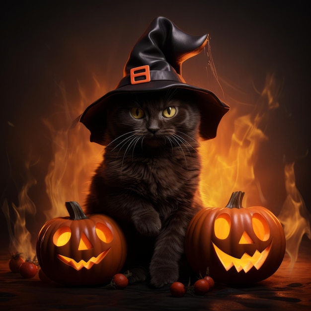 un gato con un sombrero de bruja se sienta encima de una calabaza y linternas de halloween