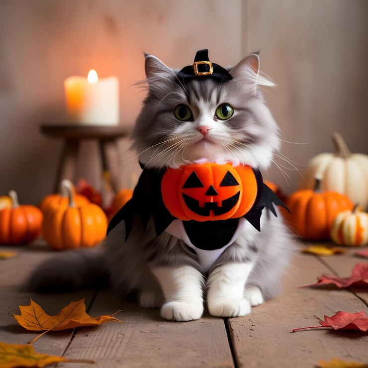 un gato con un sombrero de bruja se sienta en una mesa con calabazas y una vela
