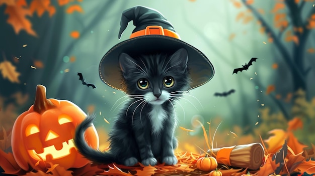 Foto un gato con un sombrero de bruja se sienta en un parche de calabaza