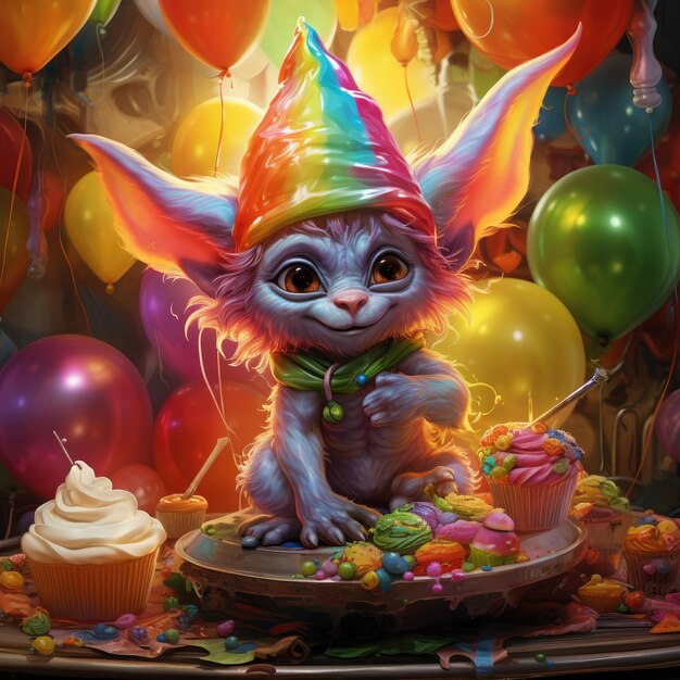 un gato con un sombrero en la cabeza se sienta frente a un cuenco de globos y un pastel.