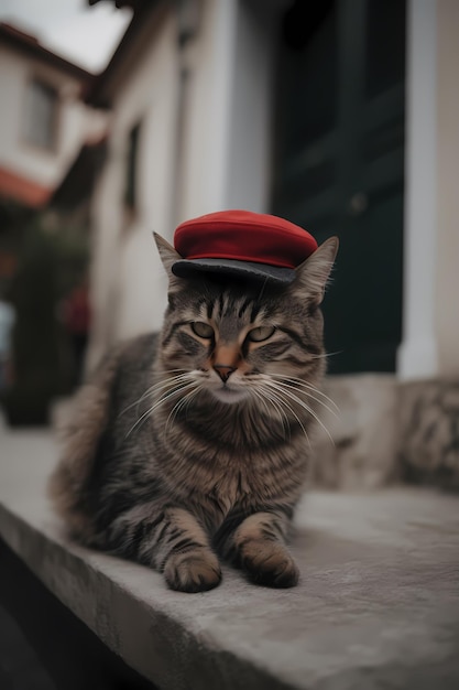 Un gato con un sombrero en la cabeza.