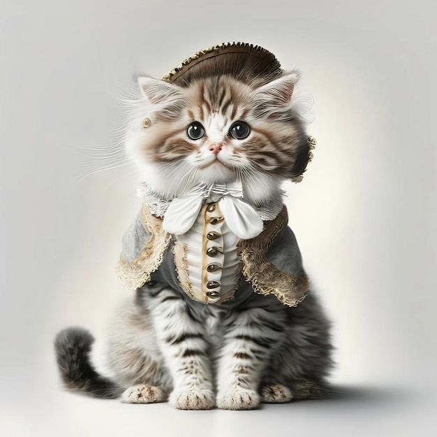 Un gato con un sombrero y una chaqueta pasados de moda.