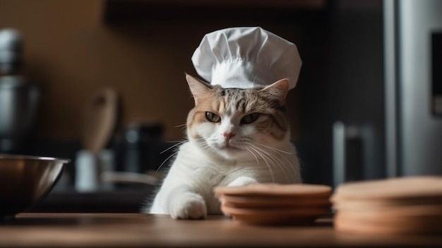 Un gato con un sombrero de chef se para en un mostrador.