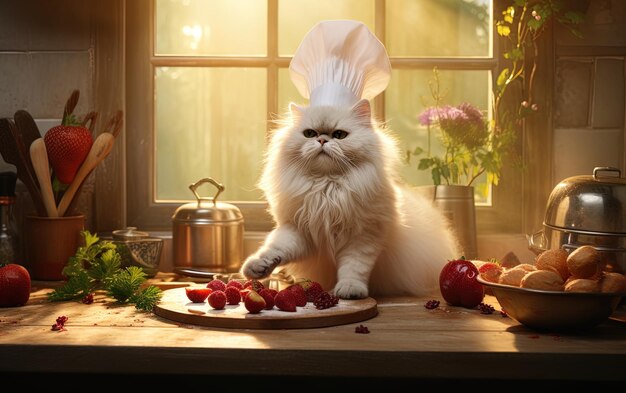 un gato con un sombrero de chef sentado en una mesa junto a un plato de fresas