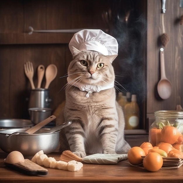 Un gato con un sombrero de chef se sienta en el mostrador de la cocina.