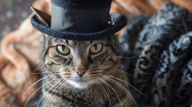 Foto un gato con un sombrero de copa está mirando a la cámara con una expresión curiosa