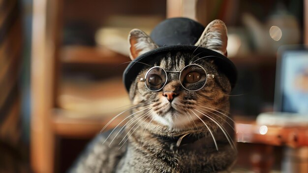 Foto un gato con un sombrero de copa negro y gafas está sentado en una biblioteca el gato está mirando a la cámara con una expresión curiosa