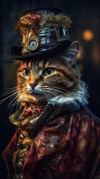 Un gato con un sombrero de copa y un reloj que dice "la hora".