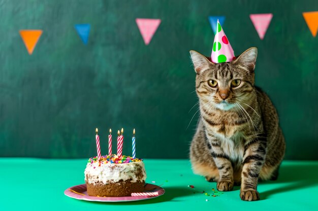 Gato con sombrero de cumpleaños se sienta frente al pastel con velas encendidas y decoraciones de fiesta