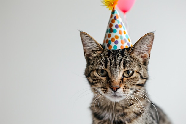 un gato con un sombrero de cumpleaños