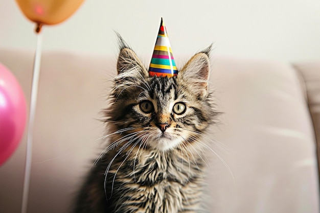 Foto un gato con un sombrero de cumpleaños