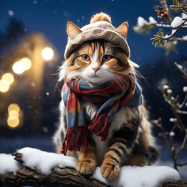 Un gato con un sombrero elegante y una bufanda acogedora se para sobre la rama de un árbol cubierto de nieve Ai Generated