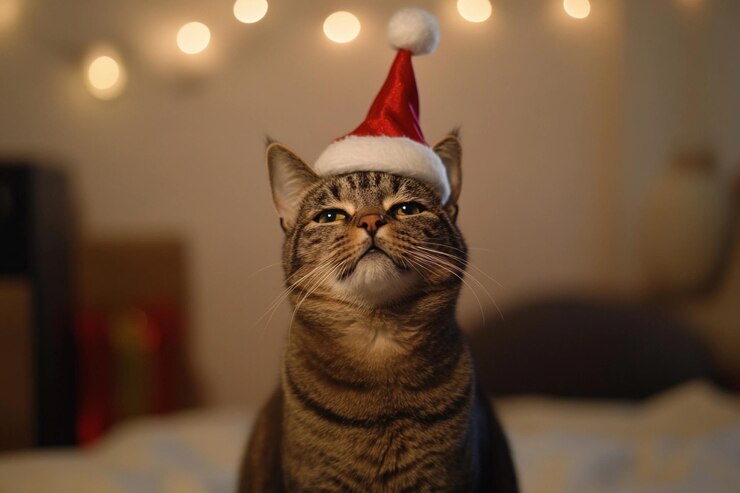 Gato con un sombrero festivo de Papá Noel contra un fondo acogedor con luces IA generativa
