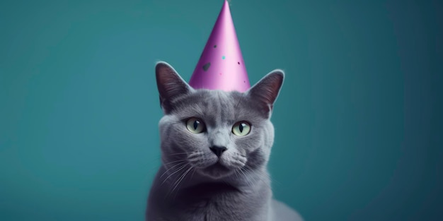 Un gato con un sombrero de fiesta está sentado sobre un fondo azul.