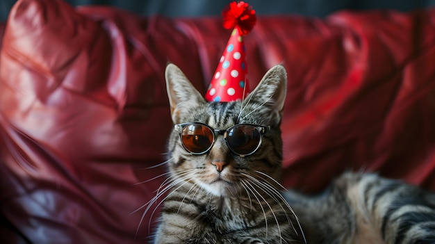 Foto gato con sombrero de fiesta y gafas de sol