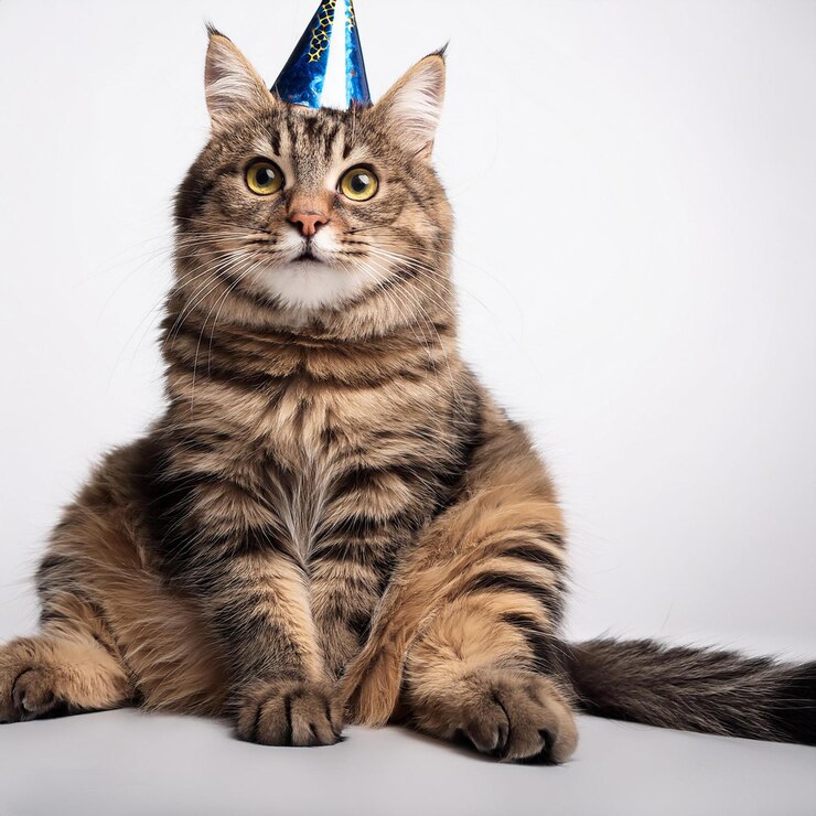 un gato con un sombrero de fiesta se sienta en una mesa