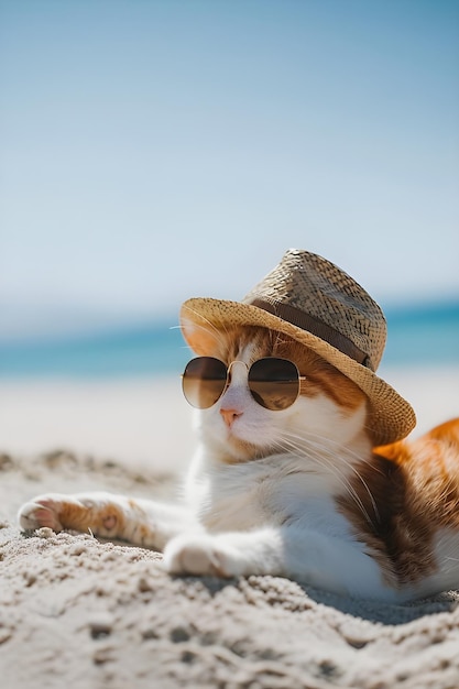 Foto un gato con un sombrero y gafas de sol está acostado en la playa