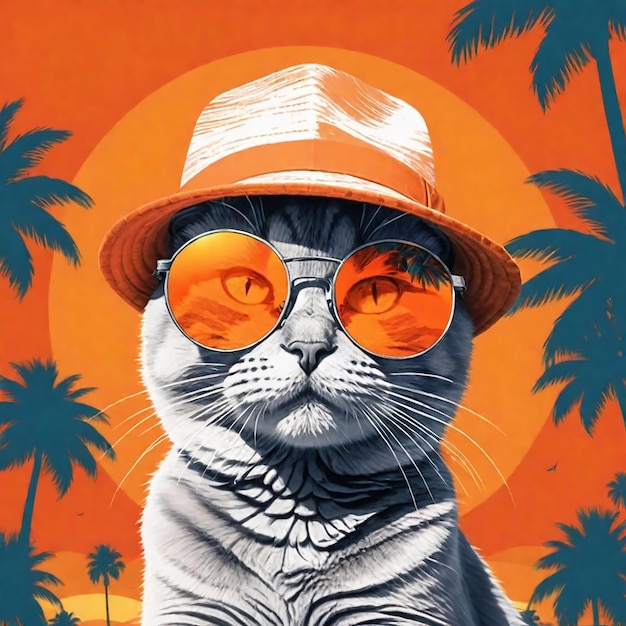 un gato con un sombrero y gafas de sol está sentado frente a las palmeras