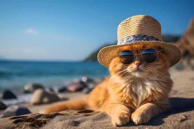 Un gato con sombrero y gafas de sol en la playa