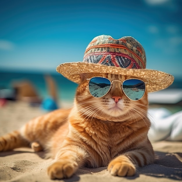 Un gato con sombrero y gafas de sol en la playa.